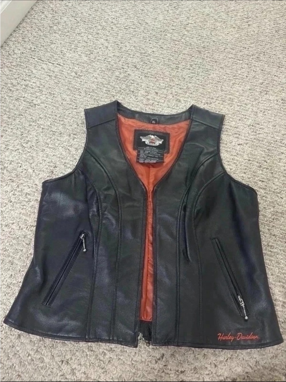 Harley-Davidson Black Leather Women's Vest with Orange Lining